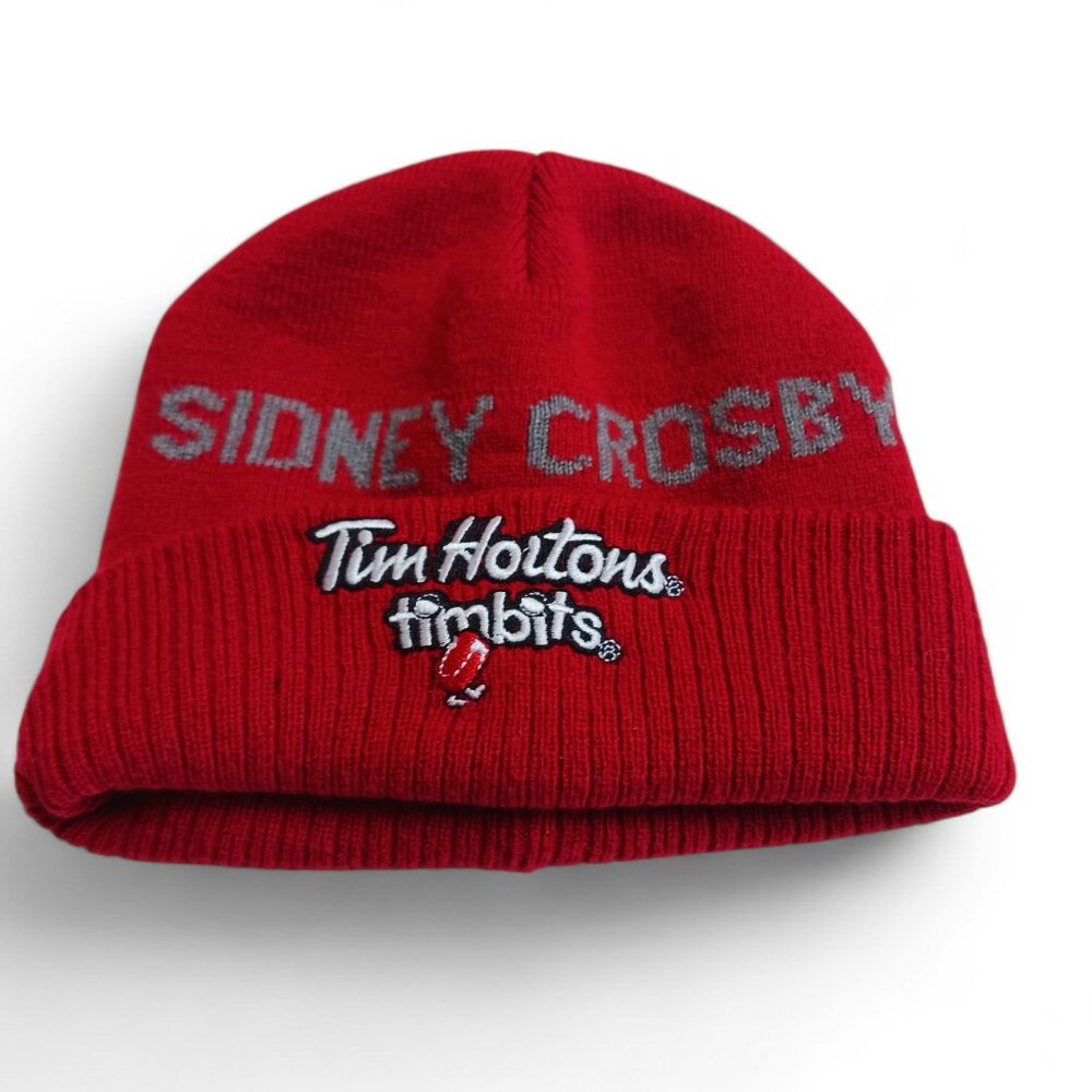 🏒Tim Hortons Sidney Crosby Timbits Red Beanie Gray Logo Hockey Hat Acrylic